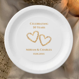 Golden 50 th Wedding Anniversary Heart Personalisi Pappteller