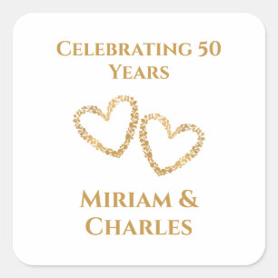 Golden 50 th Wedding Anniversary Heart Personalisi Quadratischer Aufkleber