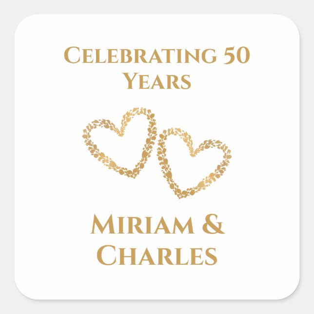 Golden 50 th Wedding Anniversary Heart Personalisi Quadratischer Aufkleber (Vorderseite)