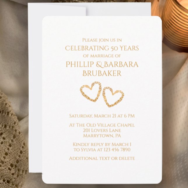 Golden 50. Wedding Anniversary Party Herz Custom Einladung (Customize this Golden 50th wedding anniversary party invitation, unique hearts, simple stylish )