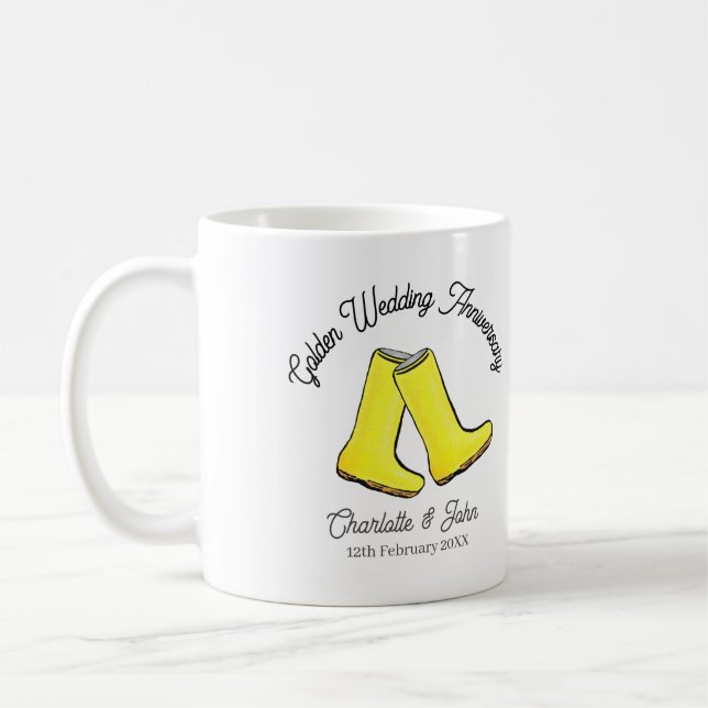 Golden 50. Wedding Jubiläum gelbe weiche Stiefel Kaffeetasse (Links)