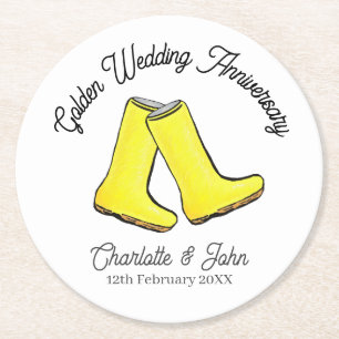 Golden 50. Wedding Jubiläum gelbe weiche Stiefel Runder Pappuntersetzer
