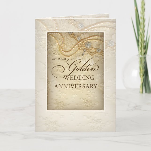Golden 50. Wedding Jubiläum, Perlen und Spitzen Karte (Vorderseite)