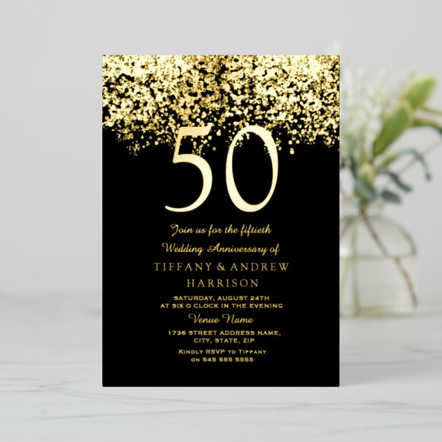Golden 50th Wedding Anniversary Gold Folieneinladung (Stehend vorne)