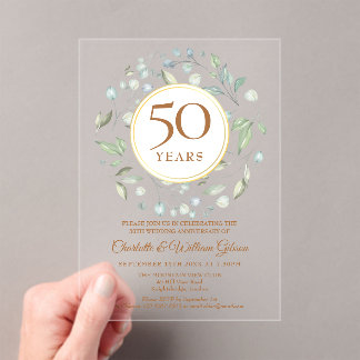 Golden 50th Wedding Jubiläum Laurel Greenery Acryleinladungen