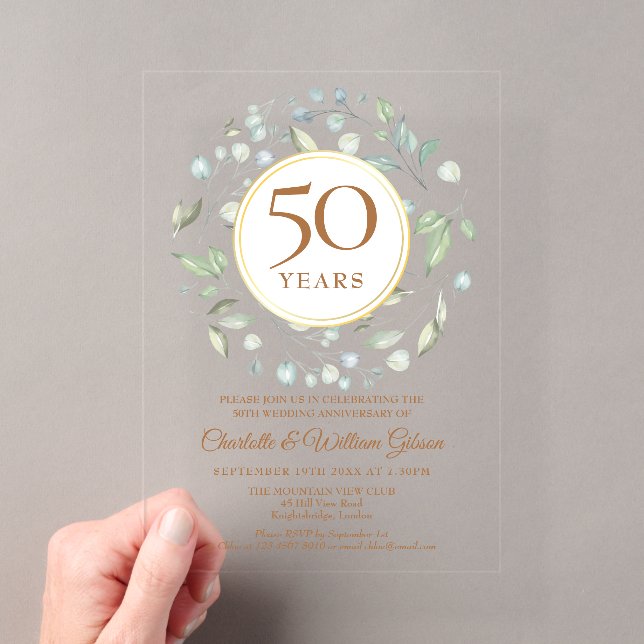 Golden 50th Wedding Jubiläum Laurel Greenery Acryleinladungen (Insitu (Handheld))