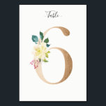 Golden 6 Floral Tischnummer Card<br><div class="desc">Goldene Zahl mit weicher pastellfarbener Tischnummer. Personalisieren Sie Stil,  Größe und Farbe des Schriftartes.</div>