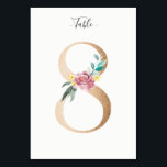 Golden 8 Floral Tischnummer Card<br><div class="desc">Goldene Zahl mit weicher pastellfarbener Tischnummer. Personalisieren Sie Stil,  Größe und Farbe des Schriftartes.</div>