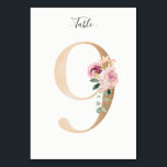 Golden 9 Floral Tischnummer Card<br><div class="desc">Goldene Zahl mit weicher pastellfarbener Tischnummer. Personalisieren Sie Stil,  Größe und Farbe des Schriftartes.</div>