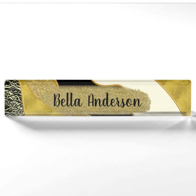 Golden Abstrakt Wave Modernes Gold Glam Trendy Namensplakette (Vorderseite)