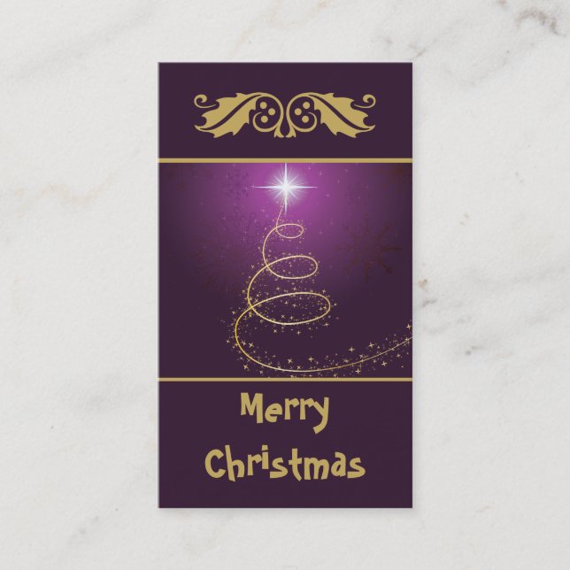 Golden abstrakter Weihnachtsbaum auf lila Glühen Visitenkarte (Vorderseite)