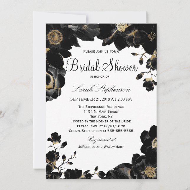 Golden Accented Black Floral Brautparty lädt ein Einladung (Vorderseite)