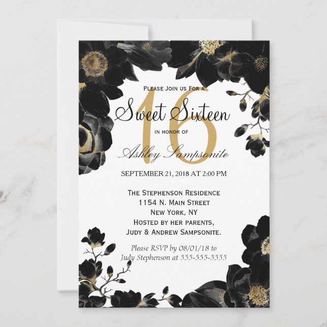 Golden Accented Black Floral Sweet 16 Invitations (Devant)