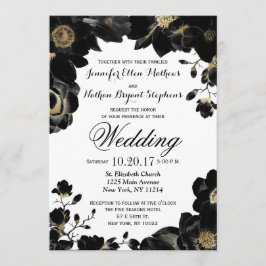 Golden Accented Black Floral Wedding Einladungen