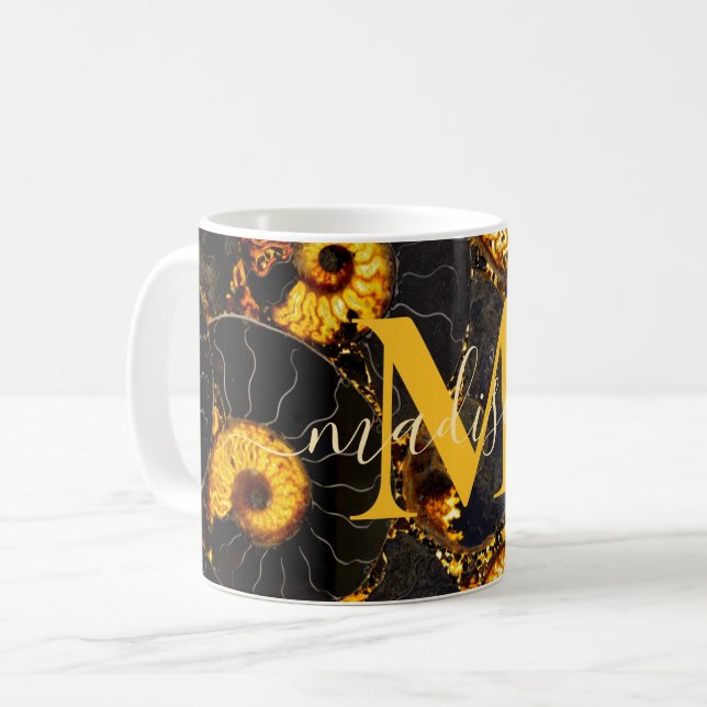 Golden Amber Schwarz Nautilus Muschel Muster, Foss Kaffeetasse (Vorderseite Links)
