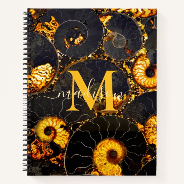 Golden Amber Schwarz Nautilus Muschel Muster, Foss Notizbuch (Vorderseite)