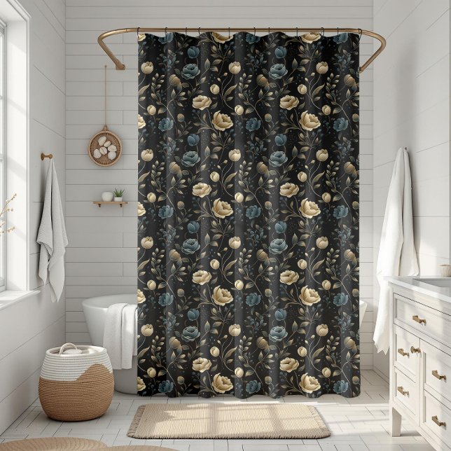 Golden and Blue Verziert Blumenmuster Duschvorhang (Golden And Blue Ornate Floral Bloom Pattern Shower Curtain)