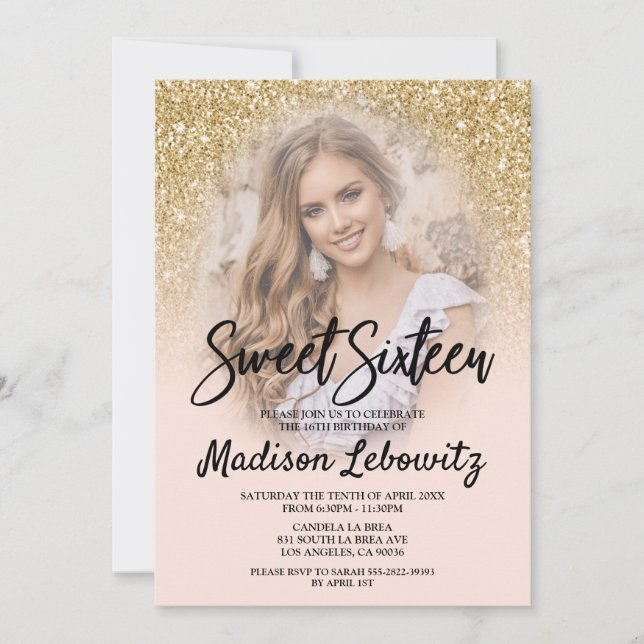 Golden and Blush Sweet 16 Foto Einladung zum Gebur (Vorderseite)