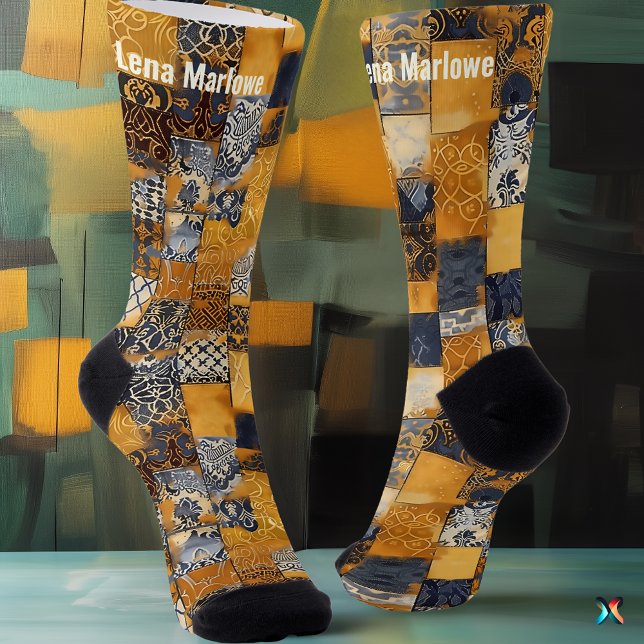 Golden and Navy Tile Patchwork - Custom Artistic Socken (Von Creator hochgeladen)