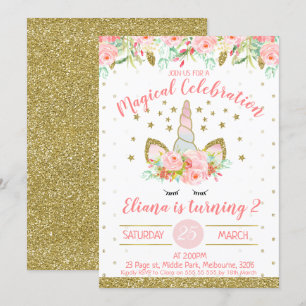 Golden and peach Unicorn Face Birthday Einladung