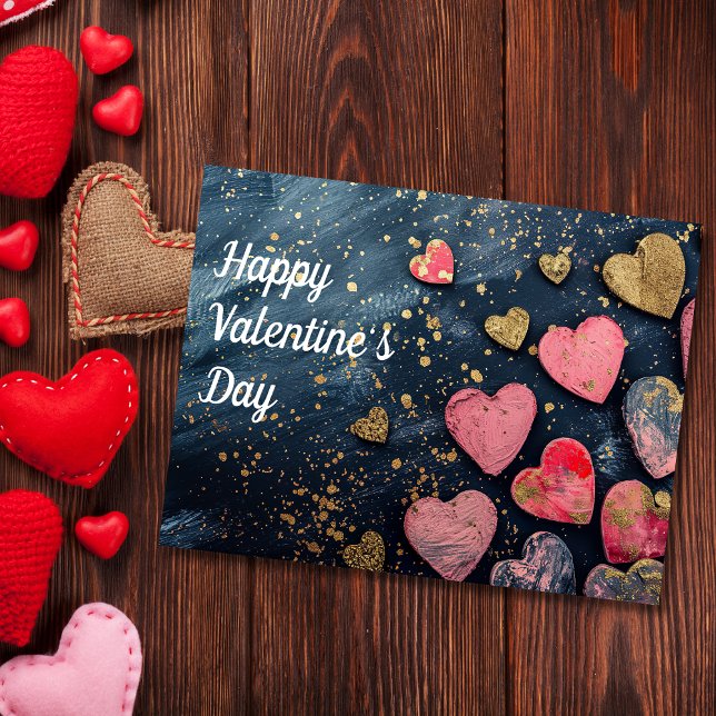 Golden and Pink Hearts on dark ground Valentine's Postkarte (Von Creator hochgeladen)