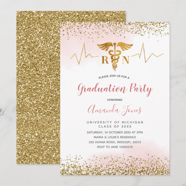 Golden and Pink RN Nurse Graduation Party Einladung (Vorne/Hinten)