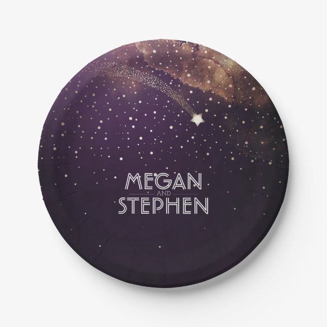 Golden and Plum Shooting Star Night Wedding Pappteller (Vorderseite)