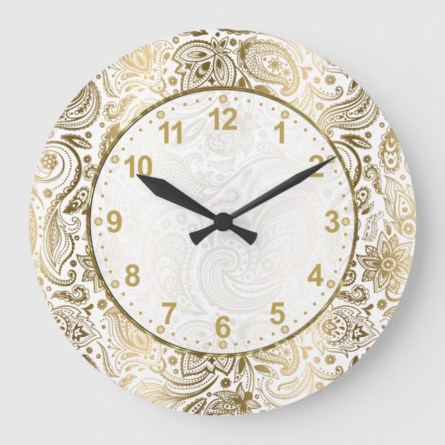 Golden And White Floral Paisley Large Clock Große Wanduhr (Vorderseite)