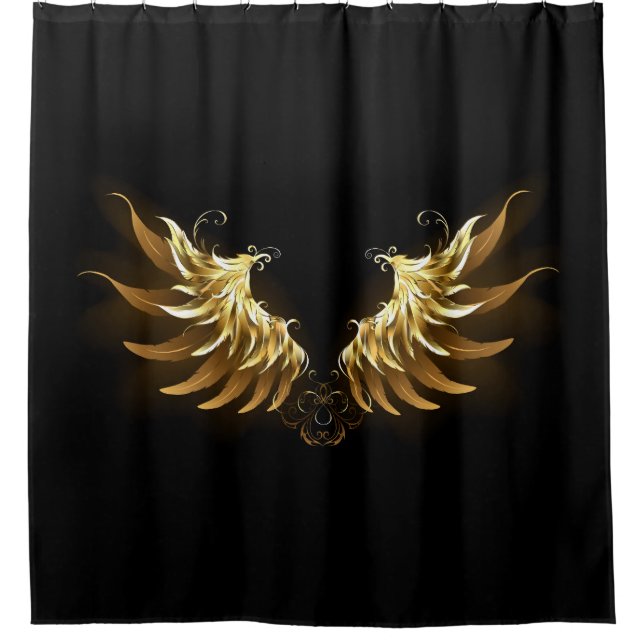 Golden Angel Wings auf schwarzem Hintergrund Duschvorhang (Vorderseite)