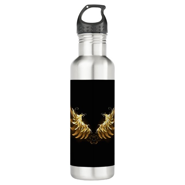 Golden Angel Wings auf schwarzem Hintergrund Edelstahlflasche (Vorderseite)