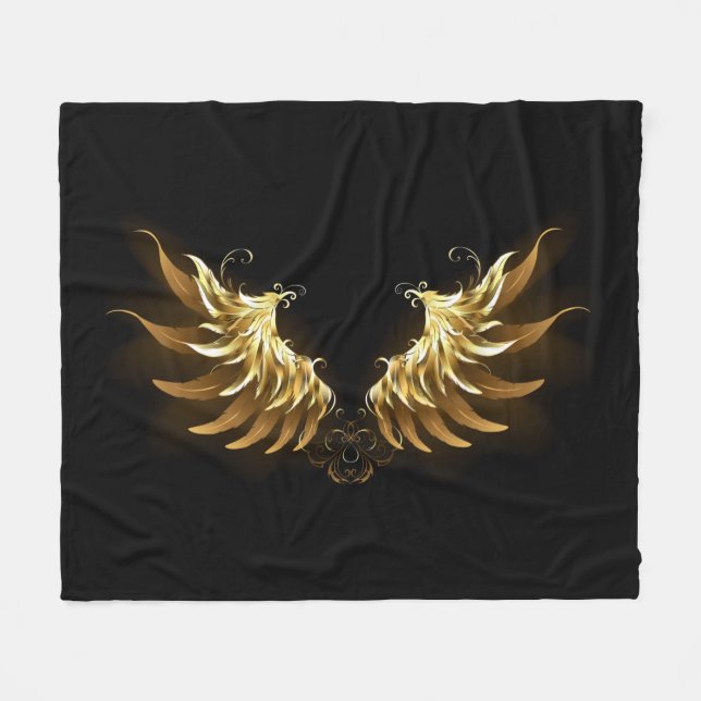 Golden Angel Wings auf schwarzem Hintergrund Fleecedecke (Vorderseite (Horizontal))
