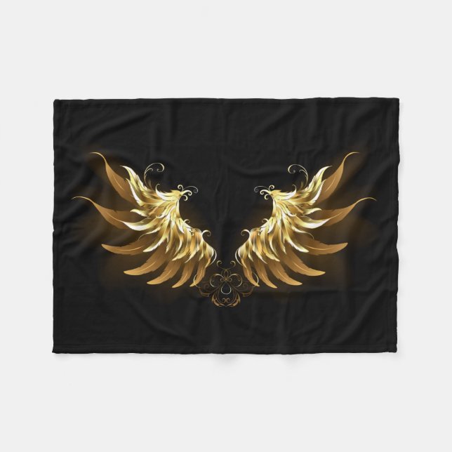 Golden Angel Wings auf schwarzem Hintergrund Fleecedecke (Vorderseite (Horizontal))
