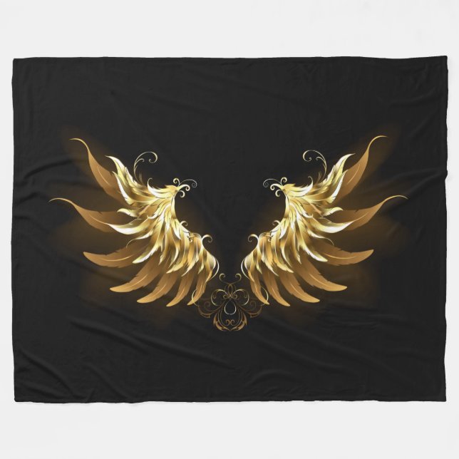 Golden Angel Wings auf schwarzem Hintergrund Fleecedecke (Vorderseite (Horizontal))