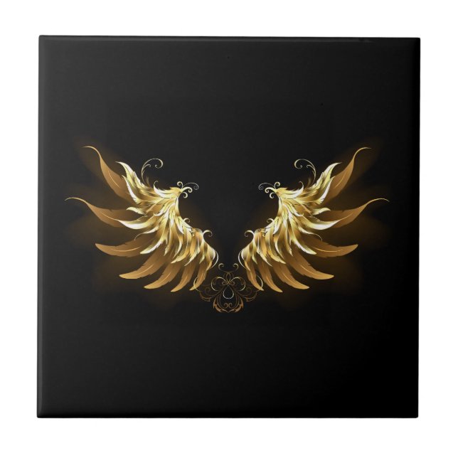 Golden Angel Wings auf schwarzem Hintergrund Fliese (Vorderseite)
