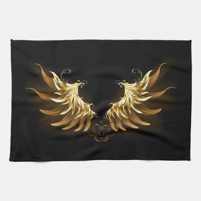 Golden Angel Wings auf schwarzem Hintergrund Geschirrtuch (Horizontal)