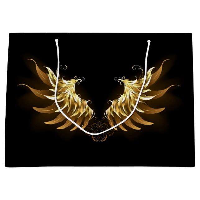 Golden Angel Wings auf schwarzem Hintergrund Große Geschenktüte (Vorderseite)