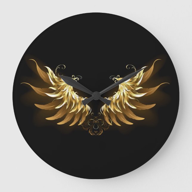 Golden Angel Wings auf schwarzem Hintergrund Große Wanduhr (Vorderseite)