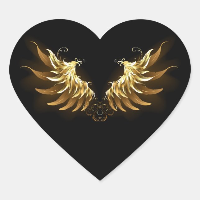 Golden Angel Wings auf schwarzem Hintergrund Herz-Aufkleber (Vorderseite)