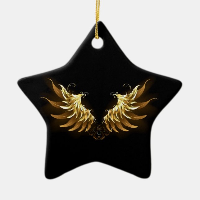 Golden Angel Wings auf schwarzem Hintergrund Keramik Ornament (Vorne)