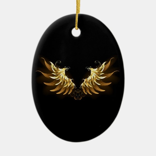 Golden Angel Wings auf schwarzem Hintergrund Keramik Ornament (Vorne)