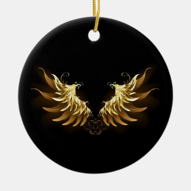 Golden Angel Wings auf schwarzem Hintergrund Keramik Ornament (Vorne)