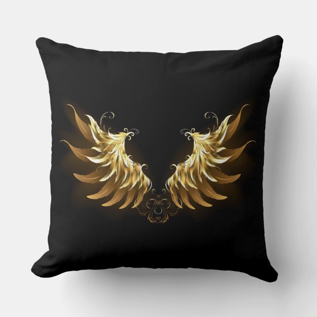 Golden Angel Wings auf schwarzem Hintergrund Kissen (Vorderseite)