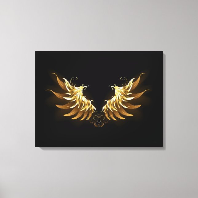 Golden Angel Wings auf schwarzem Hintergrund Leinwanddruck (Vorderseite)