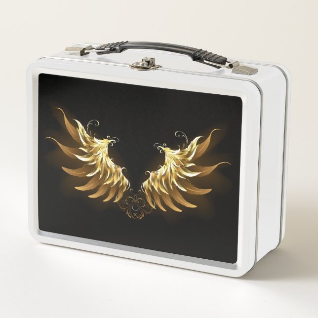 Golden Angel Wings auf schwarzem Hintergrund Metall Brotdose (Vorderseite)
