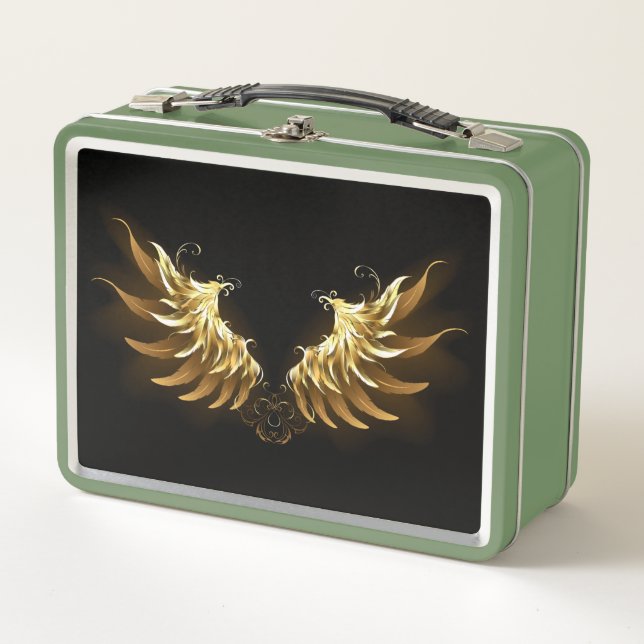 Golden Angel Wings auf schwarzem Hintergrund Metall Brotdose (Vorderseite)