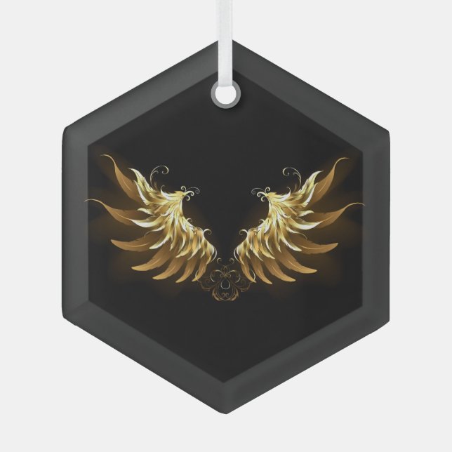 Golden Angel Wings auf schwarzem Hintergrund Ornament Aus Glas (Vorderseite)