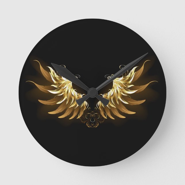 Golden Angel Wings auf schwarzem Hintergrund Runde Wanduhr (Vorderseite)