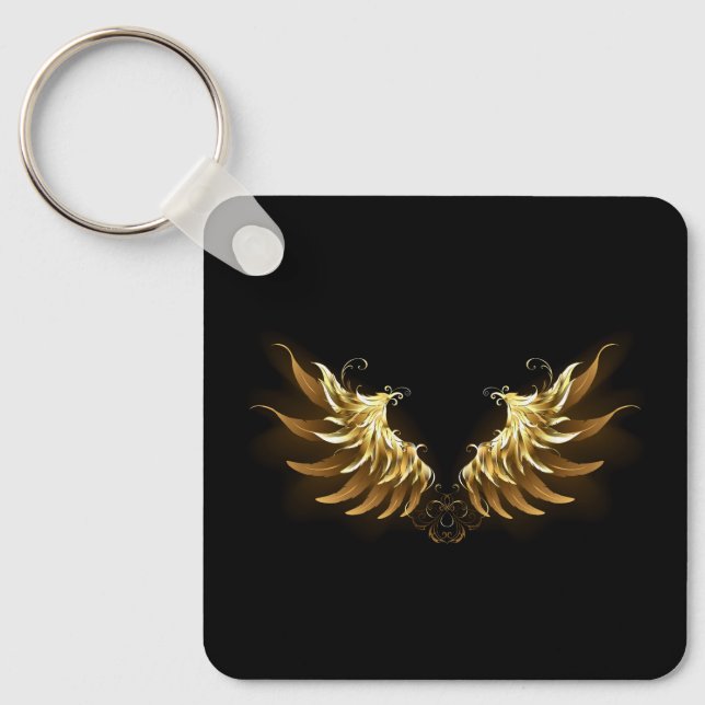 Golden Angel Wings auf schwarzem Hintergrund Schlüsselanhänger (Vorderseite)