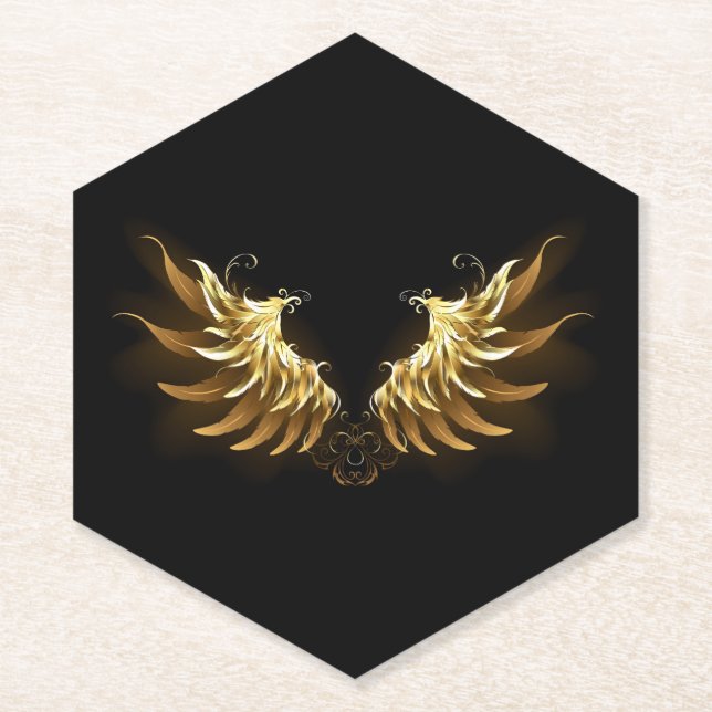 Golden Angel Wings auf schwarzem Hintergrund Untersetzer (Vorderseite)