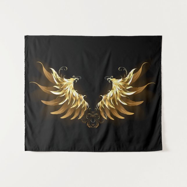 Golden Angel Wings auf schwarzem Hintergrund Wandteppich (Vorderseite (Horizontal))